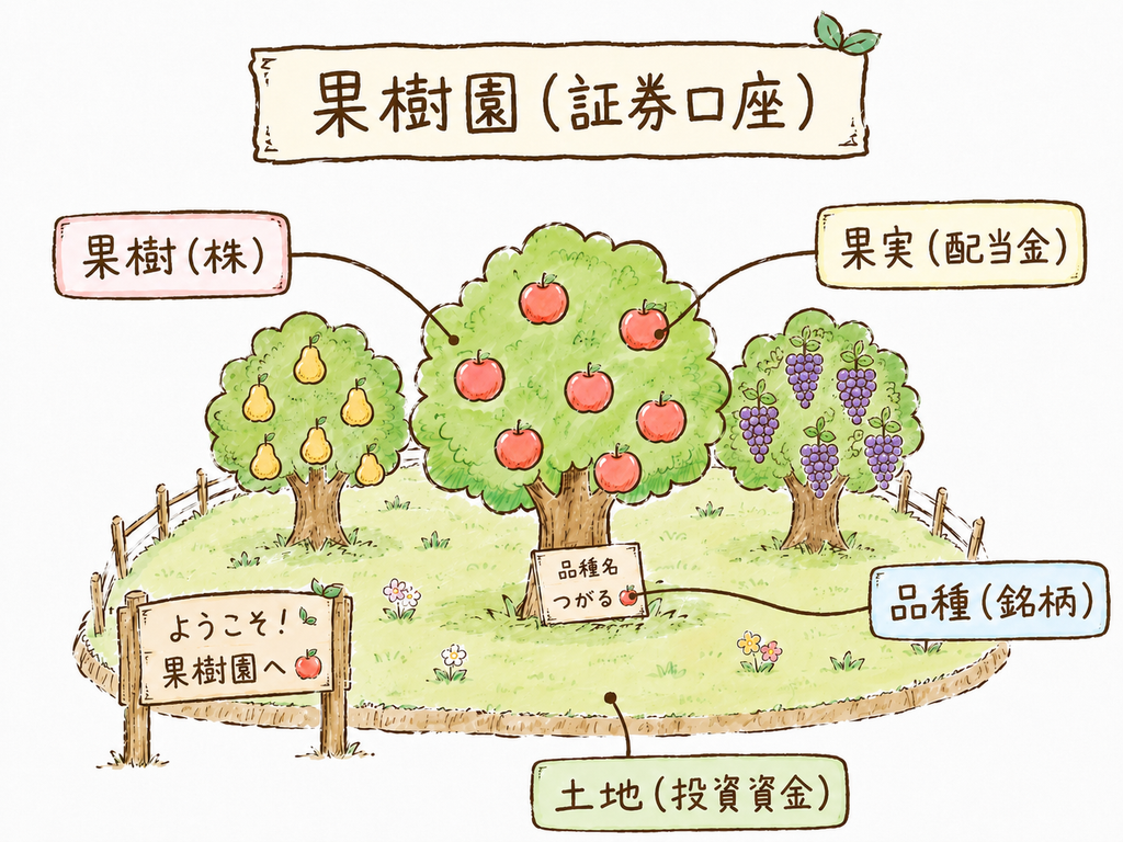 証券口座を果樹園に見立てた図解
