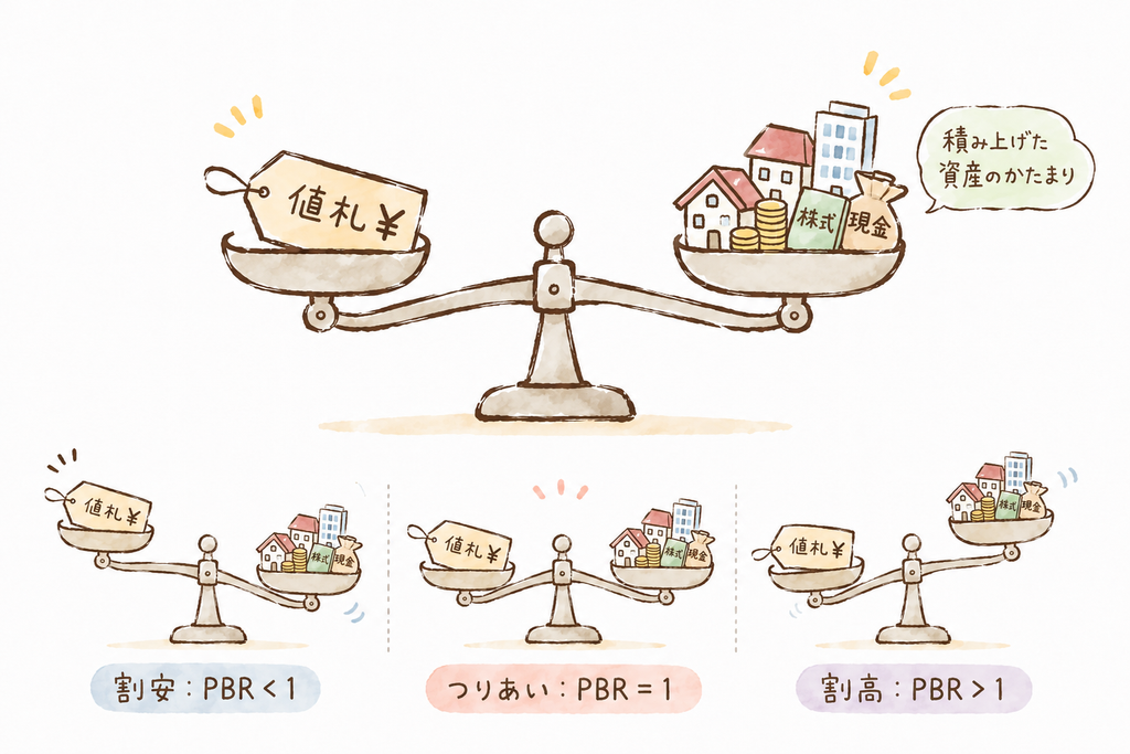 株価と1株あたり純資産を天秤で比べたPBRの図解