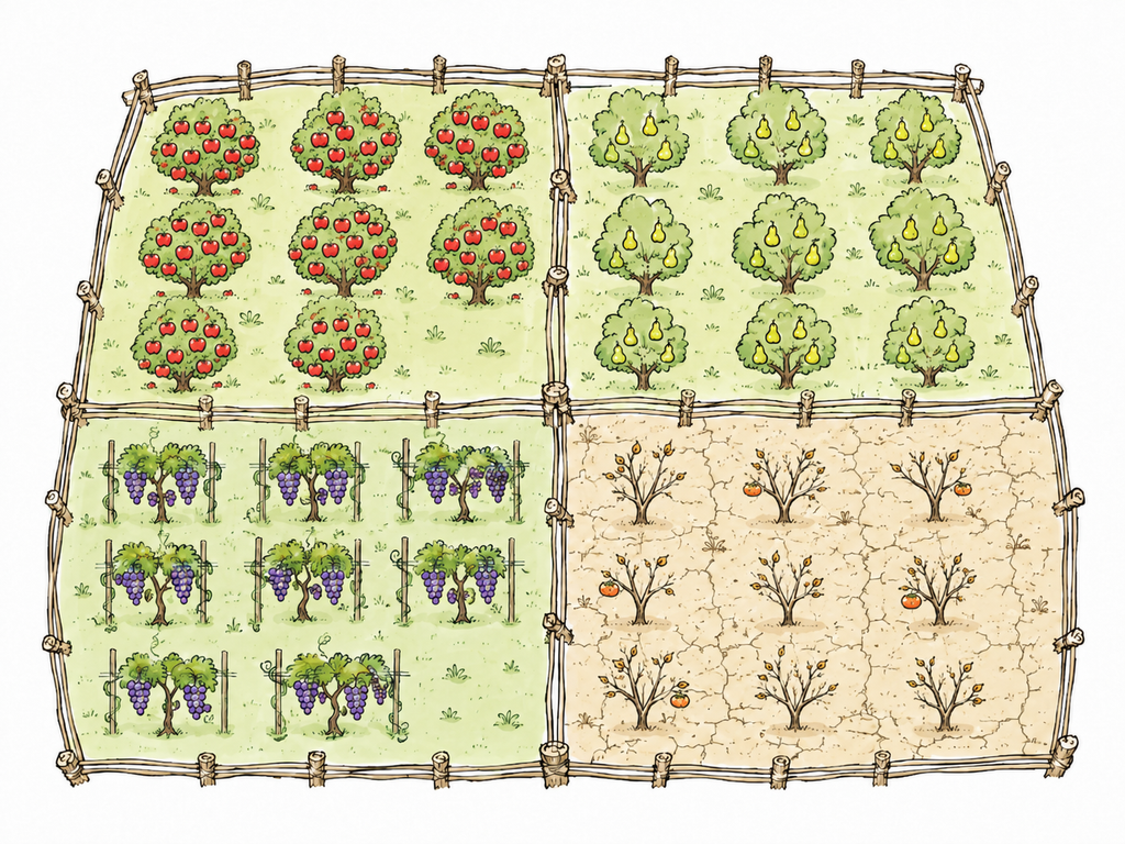果樹園を区画に分けて違う品種を植え、リスクを分散する図解